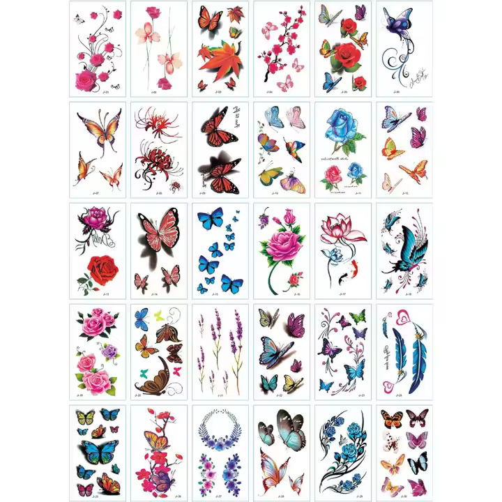 30pcs Tatuajes Temporales Impermeables 3D Con Colores De Mariposa Rosa Flor Y Plumas Para Niñas Mujeres Y Hombres Arte Corporal Falso Tatuaje - 1