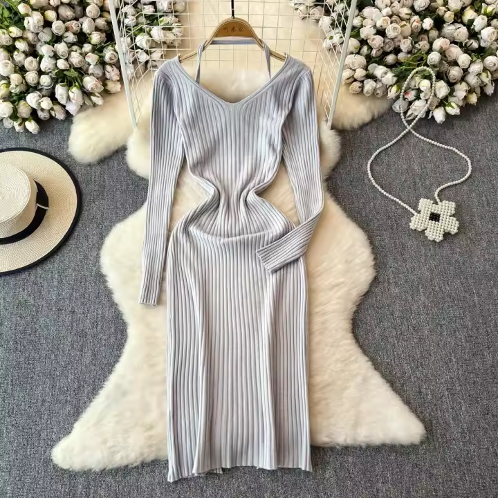 Vestido Largo De Mujer Con Cuello En V Y Manga Larga Blanco Elegante Con Cierre De Lazos Estilo Callejero Alta Moda Para Otoño Y Playa - 1