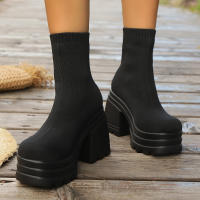 Botas De Mujer Lightweight Casual Con Plataforma Y Tacón Chunky Block Moda Invierno Calf High Sock Botas Material Elástico - details 10