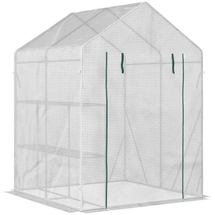 Outsunny Invernadero de Exterior Invernadero Pequeño con 4 Estantes Puerta Enrollable con Cremallera y Marco de Acero Invernadero para Cultivos Plantas Flores 143x143x195 cm Blanco - 1