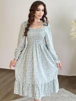 Vestido Midi De Mujer Casual Primavera Otoño Largo Manga Cuello Abierto Floral Impresión A-Line Vestido De Chiffón Con Cintura Elástica Y Cremallera En La Cintura - details 15