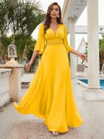 Vestido De Novia Maxi Unithorse Con Cuello Encaje Manga Larga Estilo Elegante Para Damas De Honor Material Poliéster Silueta A-Line - details 10