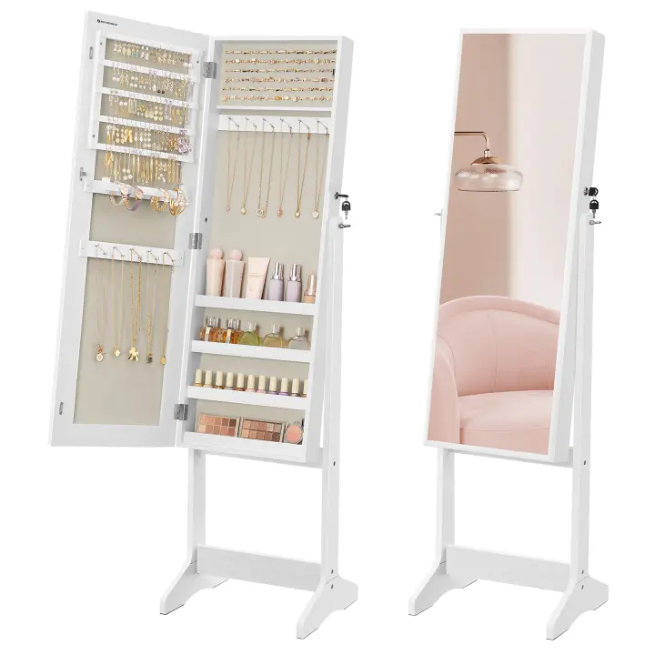 SONGMICS Espejo Joyero, Armario para Joyas, Armario Joyero Bloqueable, Espejo de Longitud Completa, Idea para Regalo, Montaje Sencillo, Superficie Blanca y Forro Negro/Beige - 1