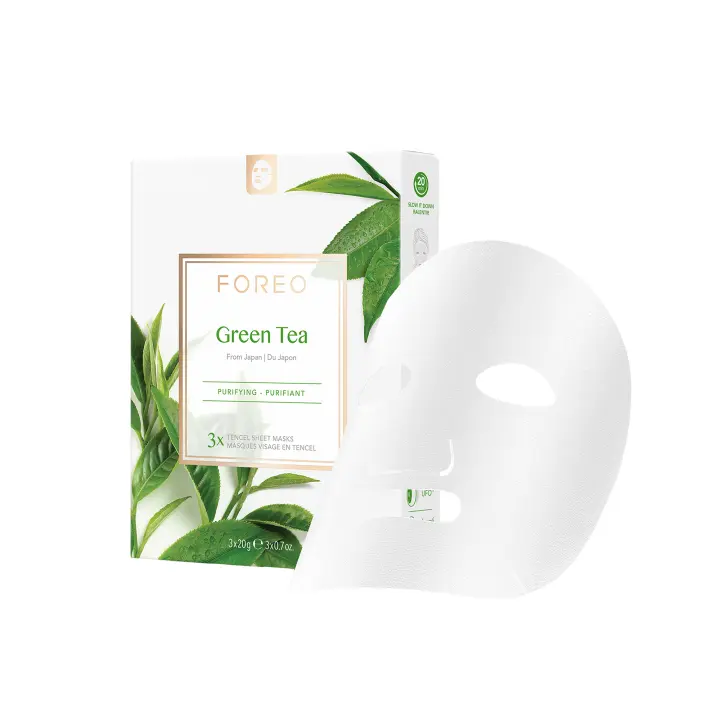 Mascarilla facial FOREO Green Tea para piel con imperfecciones, pack de 3, fórmula calmante y antioxidante, no testada en animales y compatible con los dispositivos UFO - 1