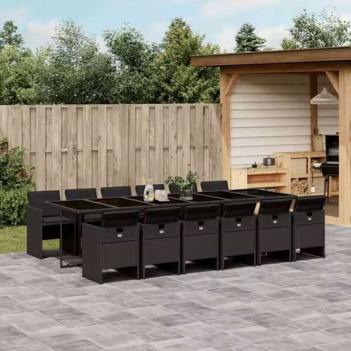 vidaXL Set comedor de jardín con cojines 13 pzas ratán sintético negro - 1