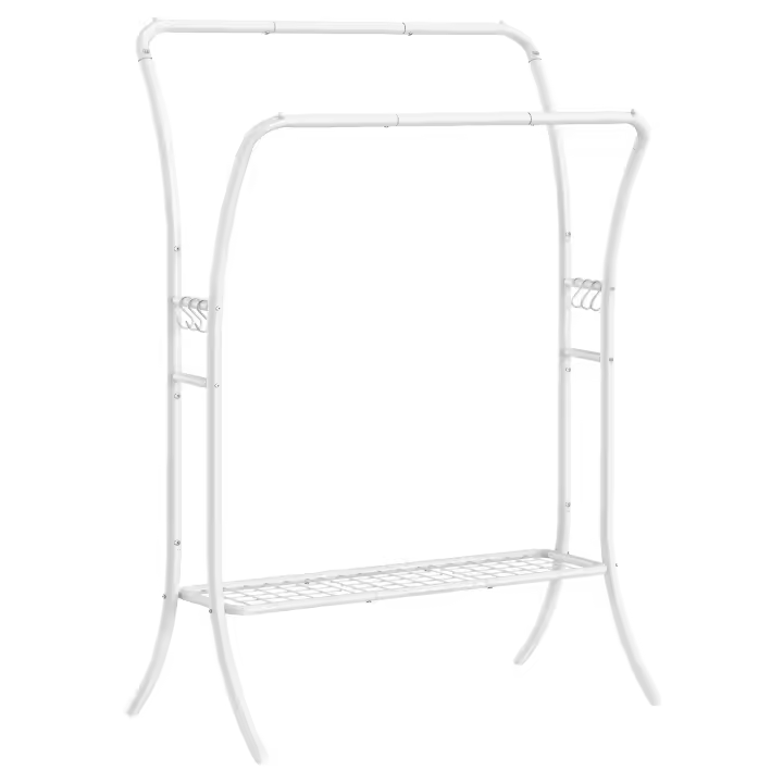SONGMICS Burro de Ropa, Perchero Portátil, Doble Barra para Colgar Ropa, Estructura de Metal Resistente, 6 Ganchos, Estante de Almacenamiento, para Dormitorio, Sala de Estar, Blanco Nube/Negro Tinta/Plata - 1