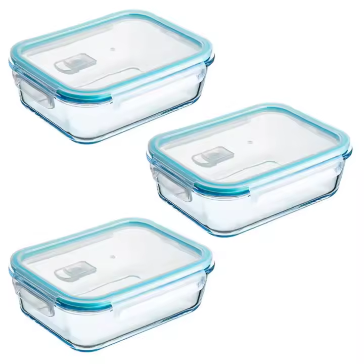 Set de 3 y 4 Recipientes Herméticos de Vidrio Borosilicato - Fiambreras Rectangulares, tupper para comidas desde 370cc a 1500cc - Válvula para Microondas - Apto Horno, Microondas, Lavavajillas y Congelador - Resistente a Altas y Bajas Temperaturas - 1