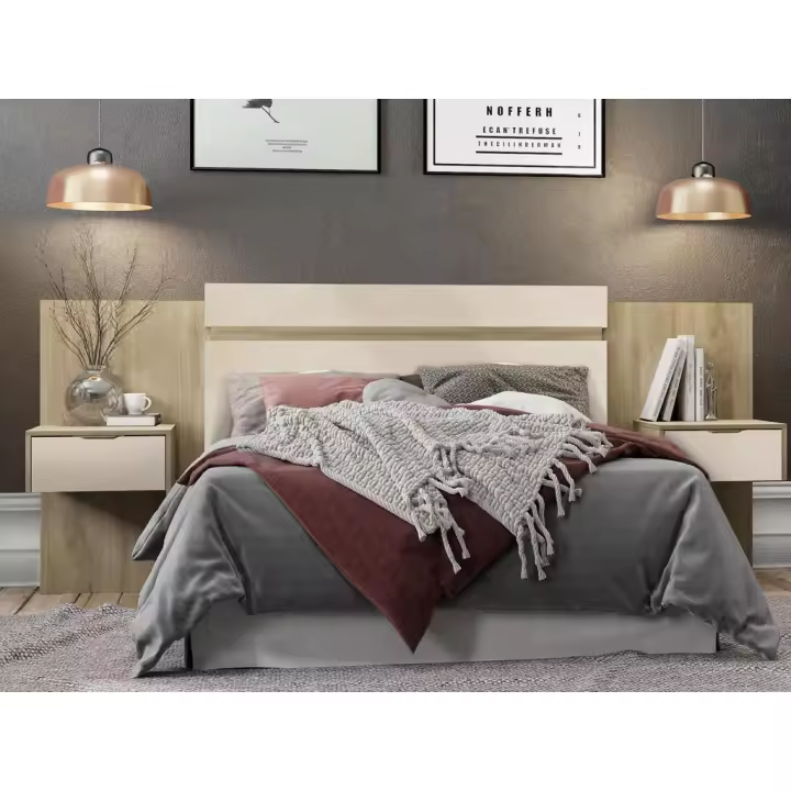 Vente-unique - Cabecero extensible con mesas de noche - 140/160 cm - Color: natural y marfil - PARATI - 1