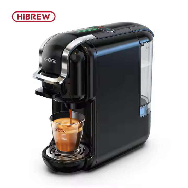 HiBREW Cafetera de cápsulas H2B, cafetera multicápsulas 5 en 1, compatible con cápsulas DG/Nes/K-cup/ESE/café molido, Parada automática, Espresso perfecto, Negro - 1