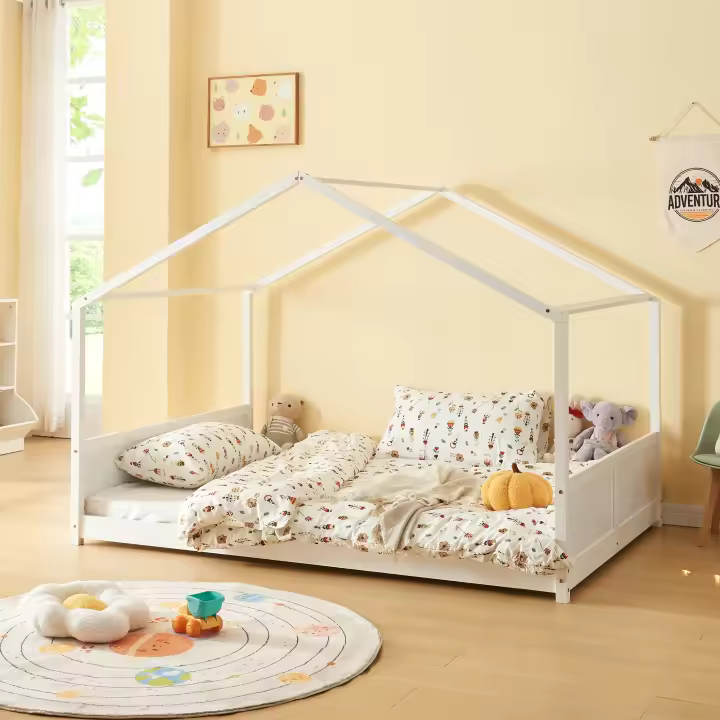 Cama infantil Simo en forma de casa pino 140x200cm - Blanco [en.casa] - 1