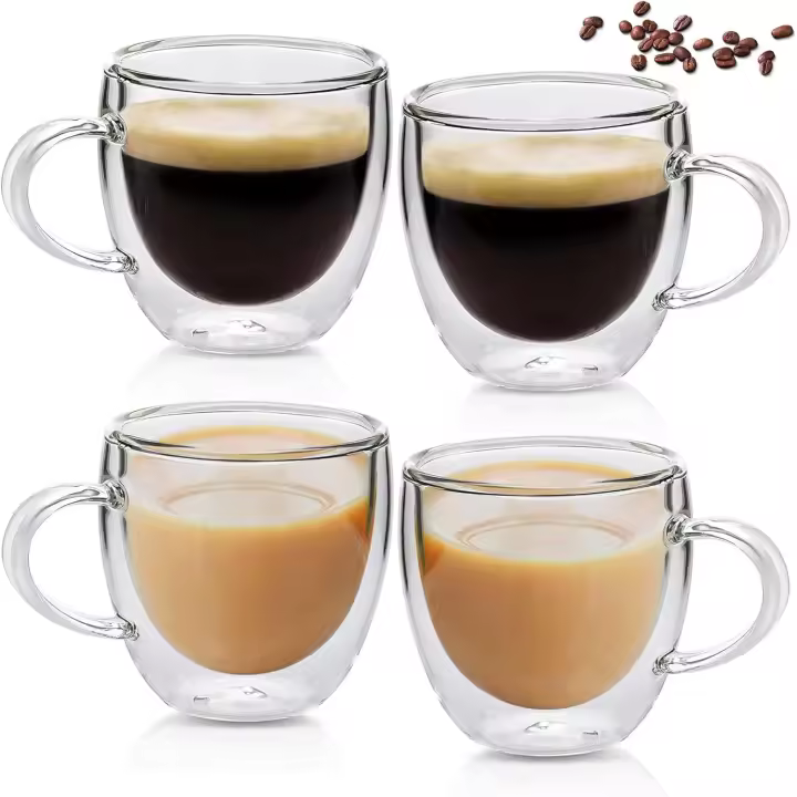 4 Vaso para café de vidrio de borosilicato de 250 ml con Asas, - 1
