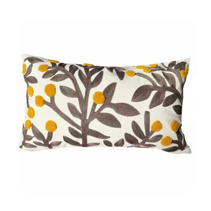 Cojín Decorativo Alo Home Canvas Beige Bordado Mimosas 30x50 cm Cremallera Lavable Algodón y Poliéster - 1