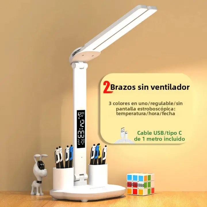 Lámpara De Escritorio LED Con Ventilador Y Reloj Digital USB Luz De Lectura Táctil Plegable De 3 Colores Luz Nocturna Para Ojos Cuidado - 1