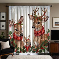 2pcs Cortinas Decorativas De Navidad Con Dibujo De Ciervo Y Fruta Roja Estampadas Digitalmente Cortinas De Casa Estilo Pastoral - details 5