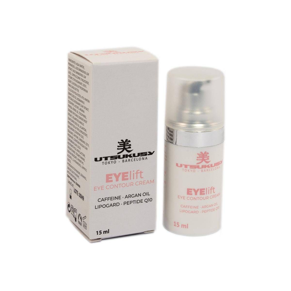 Crema Eye Lift de 15ml de Utsukusy.  Rejuvenece tu Mirada. Es un serum-crema para el contorno de ojos que atenúa visiblemente los signos de fatiga y las arrugas, dejando la piel más lisa, tersa y rejuvenecida. Alisa ojeras y bolsas.