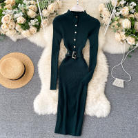 Vestido REALEFT De Punto Para Mujer Con Cuello Alto Y Mangas Largas Estampado Sólido Estilo Casual Vestido De Abrazo Largo Hasta La Rodilla Para Otoño E Invierno - details 53