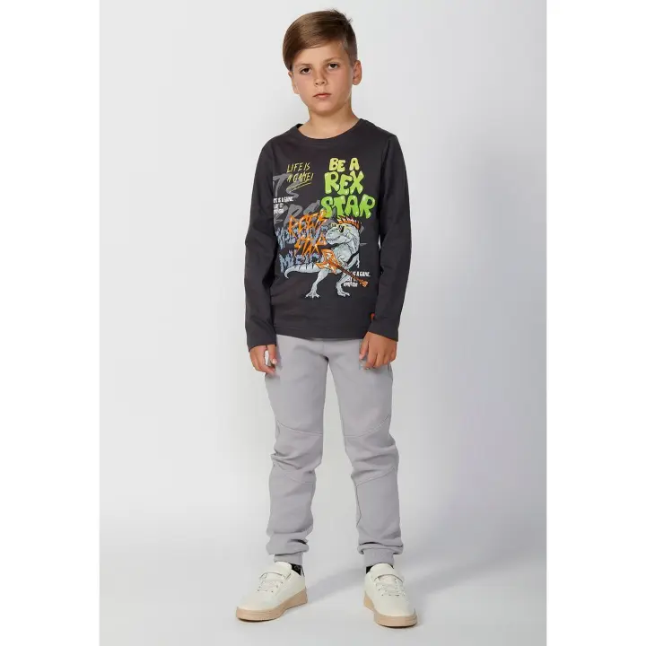 Koroshi Camiseta de manga larga de algodón con Cuello redondo y Estampado delantero de Dinosaurio color Gris para Niño - 1