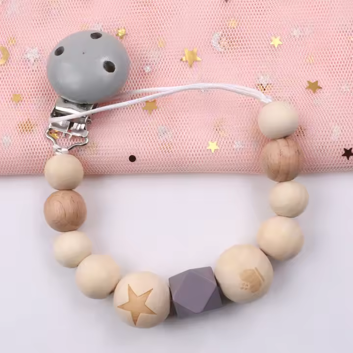 Cadena anticaída calmante para bebés, clip de cadena de chupete de madera natural, juguete mordedor para bebés DIY, cadena antipérdida - 1