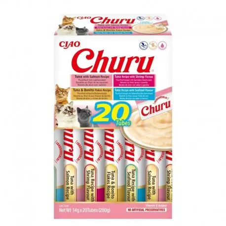 Churu gato variedades marisco 20 stick x 14g - Snacks líquidos de atún y marisco para gatos, caja de 20 sticks de 14g, 100% natural - 1