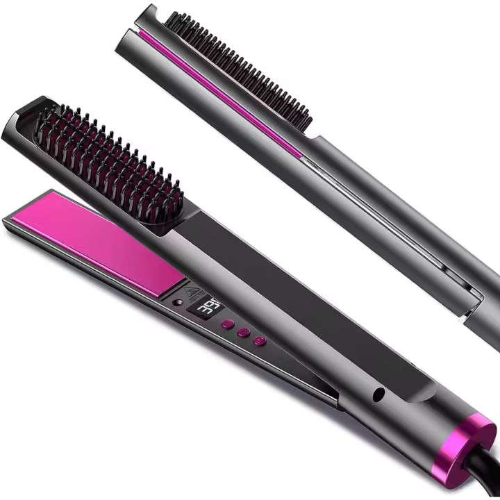 Plancha y cepillo alisador de pelo 2 en 1, alisador y rizador de cerámica turmalina con temperatura ajustable, doble voltaje, calentamiento instantáneo - 1