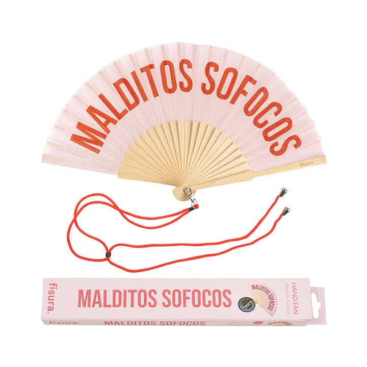 Abanico 'Malditos sofocos' - Color rojo - Fisura - Abanico de madera moderno - Incluye colgador - Mide 42 x 23 cm