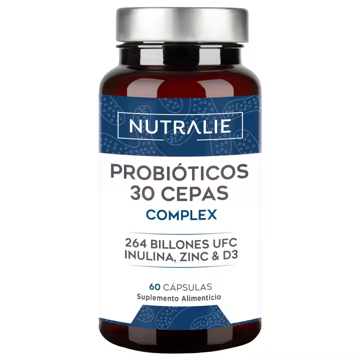 Probióticos y Prebióticos Intestinales [30 CEPAS PREMIUM] 264 Mil Millones de UFC Garantizados x Dosis  Mejora Defensas y Flora Intestinal  Biprotics 30 Cepas Complex  60 Cápsulas Nutralie - 1
