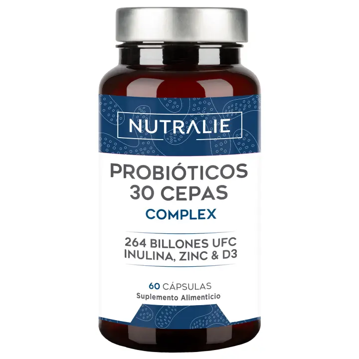 Probióticos y Prebióticos Intestinales [30 CEPAS PREMIUM] 264 Mil Millones de UFC Garantizados x Dosis  Mejora Defensas y Flora Intestinal  Biprotics 30 Cepas Complex  60 Cápsulas Nutralie - 1