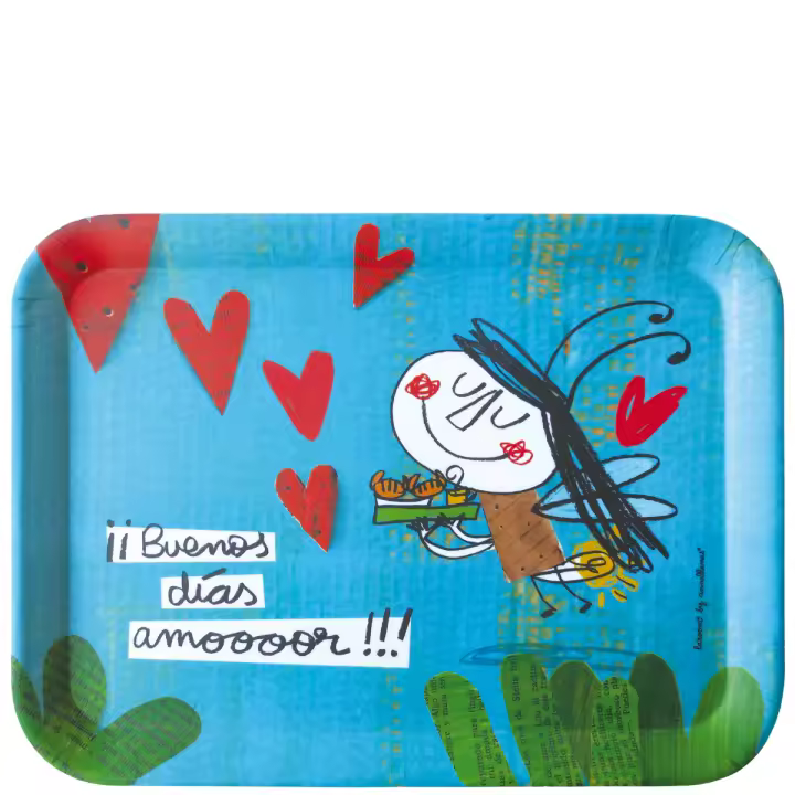 Bandeja de mesa "buenos dias amooooor!" - Ligera y cómoda de llevar - Superficie mate antideslizante que reduce el movimiento de platos y vasos - Apto para lavavajillas - Medidas: 43,5x32,5x1,5cm - 1