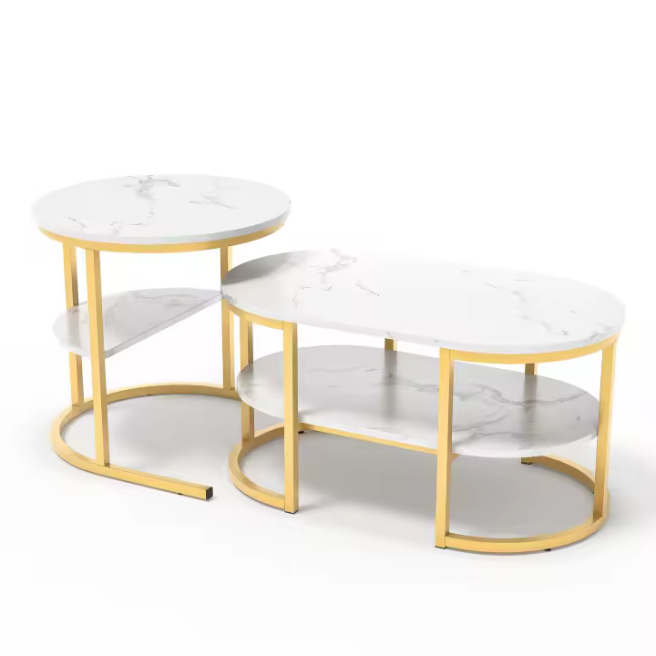 Set de Mesas de Centro Modernas Doradas 2 Piezas, Tablero Efecto Mármol Blanco, Diseño Redondo + Rectangular con Estante, Estructura Metálica y Almacenamiento Abierto - 1