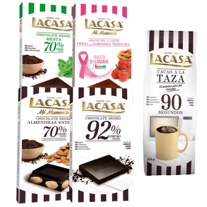 Lacasa pack de 5 tabletas de chocolate de diferentes sabores:taza 350g, leche fresa y almendra , menta,cacao 92% , almendra 200g - 1