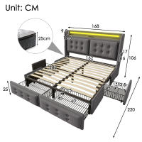 Cama tapizada 160x200, Cama Doble with cabecera LED y Carga USB C, 4 cajón, Cama de almacenamiento with base de listones de madera y Marco metálico, capacidad de carga 300 kg, Gris, algodón (sin colchón) - details 6