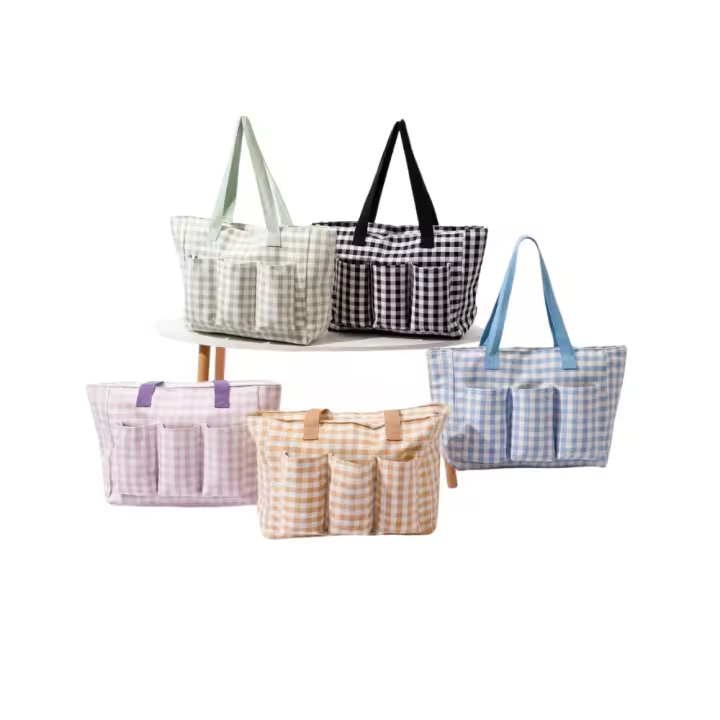 Bolso de playa tela  cuadraditos con bolsillos portabebidas bolso grande 50 x 40 x 15cm multiuso, diario ,gimnasio ,playa ,gran capacidad Nueva colección primavera/verano 2024 para mujer - 1