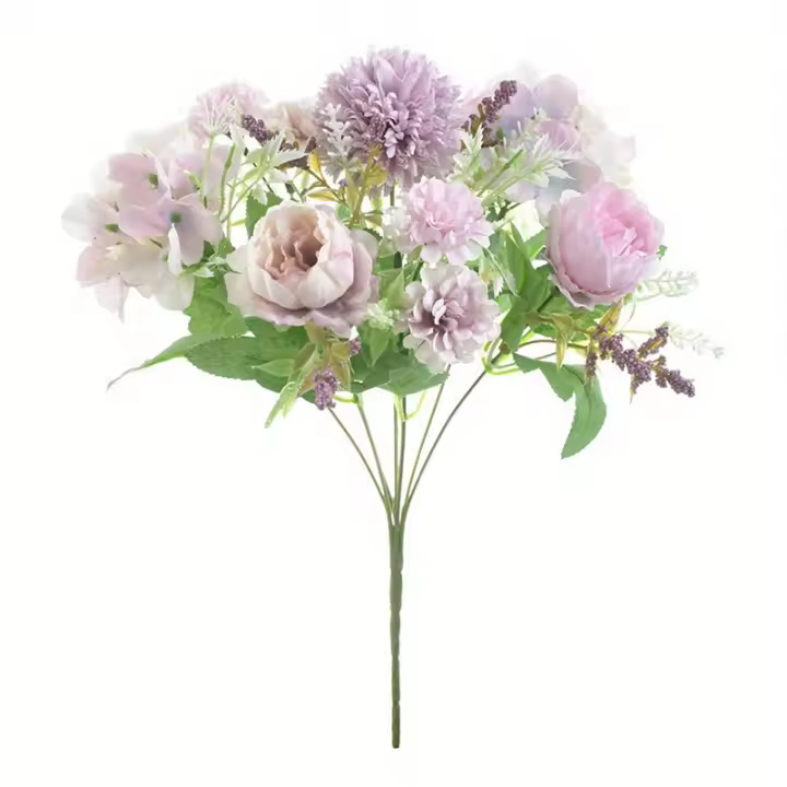 Artificial Flowers, 2 Bunches Fake Peony Silk Hydrangea Bouquet Decoration Plastic Carnation Daisy (Purple) - 1