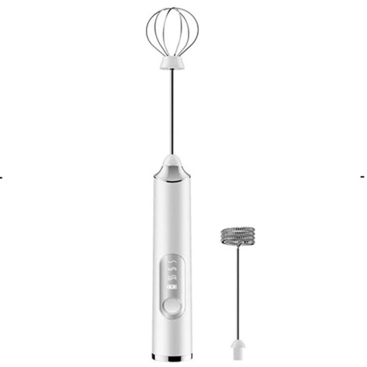 Elektrische melkopschuimer - Draagbare melkopschuimer met twee koppen - Drie instelbare snelheden - Eén garde en één melkopschuimer - Met USB-oplaadpoort - Lange batterijduur - Melkopschuimer voor latte, cappuccino, macchiato, eieren - Wit