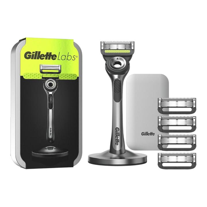 Gillette Labs Máquina de Afeitar con Barra Exfoliante – Incluye 1 Mango, 5 Recambios, Stand Magnético y Estuche de Viaje – Afeitado Suave y Preciso