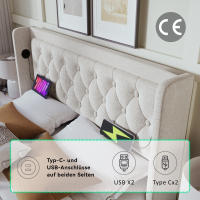 Cama Doble Tapizada en Algodón Beige 180x200 cm | Cama Hidráulica with Espacio de Almacenamiento | Cabecero with Cargas USB Typo-C | Iluminación LED en Tres Lados | Sin Colchón Includo | Diseño Moderno para Habitación principal - details 2