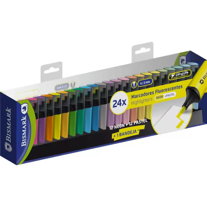 Set de 24 Marcadores Fluorescentes Bismark - Punta Biselada, Tinta Pigmentada al Agua, Colores Básicos, Neones y Pastel - Incluye Deskset Negro - 1