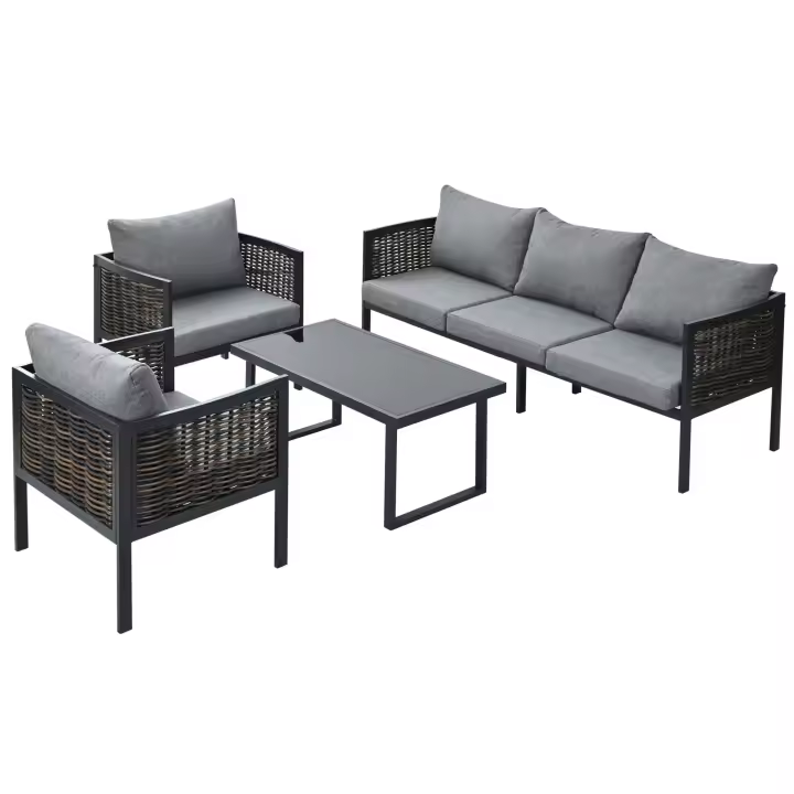 Juego de sillas de Jardín, juego de muebles de Jardín con cojines, sofá de 3 alojamientos, 2 Sillas y Mesa de café, exterior, tablero de Vidrio, rata PE Tejido, Maple galvanizado, negro + Gris - 1