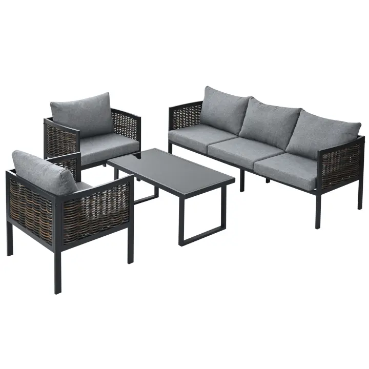 Juego de sillas de Jardín, juego de muebles de Jardín con cojines, sofá de 3 alojamientos, 2 Sillas y Mesa de café, exterior, tablero de Vidrio, rata PE Tejido, Maple galvanizado, negro + Gris - 1