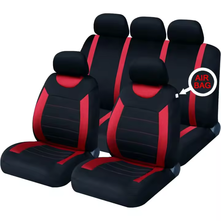 Fundas para asientos y reposacabezas de coche, color rojo, juego completo, tamaño universal, dobladillos elásticos, compatibles con airbag laterales, lavables, de fácil ajuste - 1