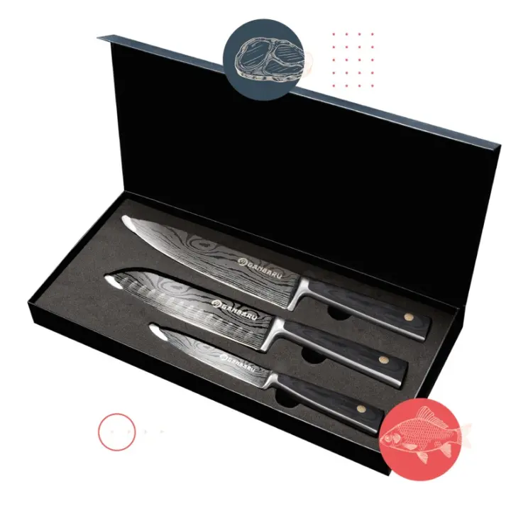 XSQUO Useful Tech Set 3 Cuchillos Japoneses Profesionales Ganbaru | Máxima Calidad. Tecnología de última generación. Acero de alto carbono alta calidad y afilada hoja pulida con láser. Con caja para regalo. - 1