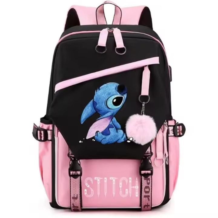Mochila escolar, para Mujeres y Niñas, USB, De Gran Capacidad, informal, de Stitch, Rosa, multicolor, 46*29*16cm - 1