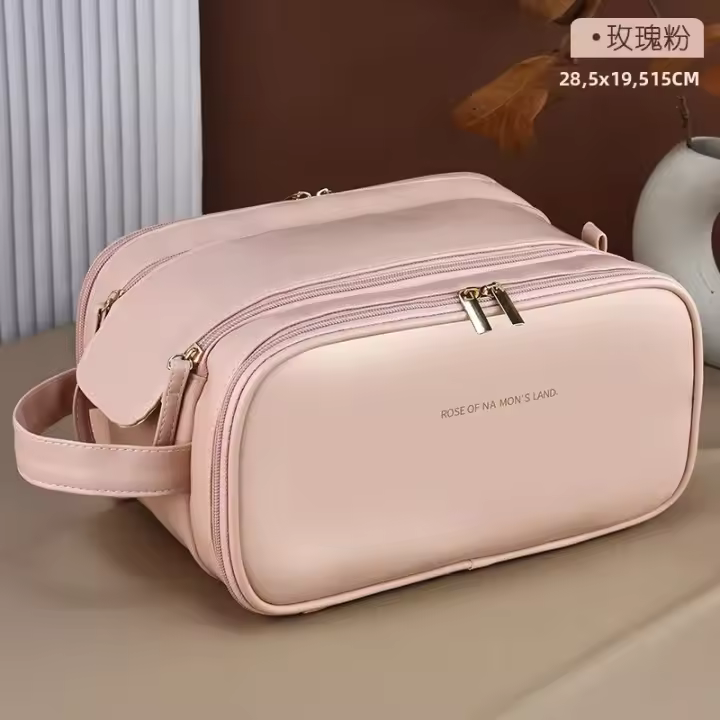 Bolso De Maquillaje Para Mujer Con Doble Cremallera Gran Capacidad Organizador De Cosméticos De Cuero PU Bolso De Viaje Para Panqueques - 1