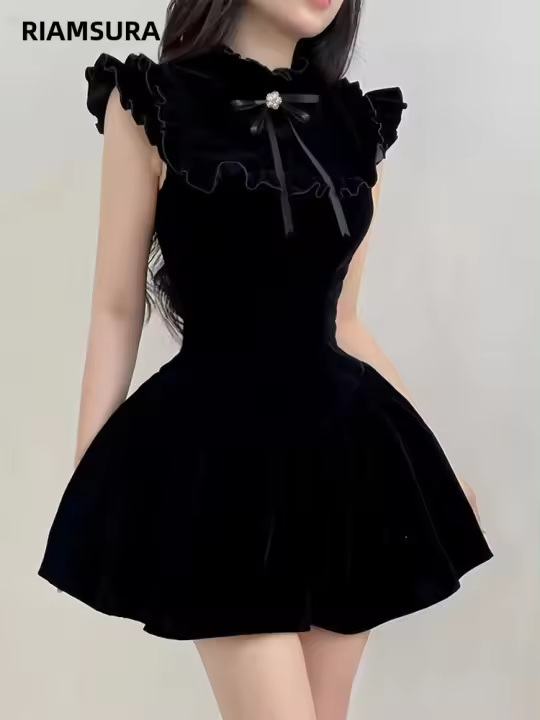 Vestido Mini De Veludo Elegante Y Moda A-Line Para Mujer Slim Con Volantes Sin Mangas Cierre De Cremallera Estilo Casual Otoño Invierno Callejero - 1