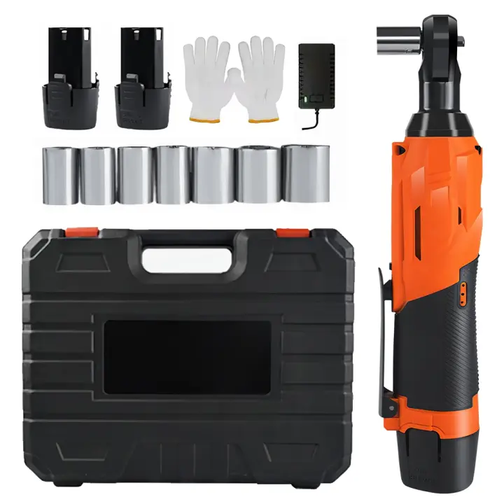 200nm 3 / 8 "llave eléctrica de trinquete sin cuerda, llave de trinquete de ángulo 90 ° unidad de trinquete de potencia de 12v, con batería 2x 1500mah y cargador + 7 tomas de herramientas de mantenimiento - 1