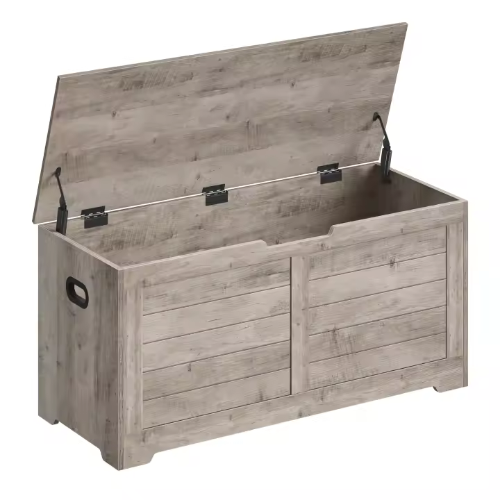 VASAGLE Puff Almacenaje, Banco Almacenaje con 2 Bisagras de Seguridad, Baúl Almacenaje, Banco Zapatero, Estilo de Campo, 40 x 100 x 46 cm, para Pasillo Dormitorio Salón, Greige Brezo/Negro Ébano - 1