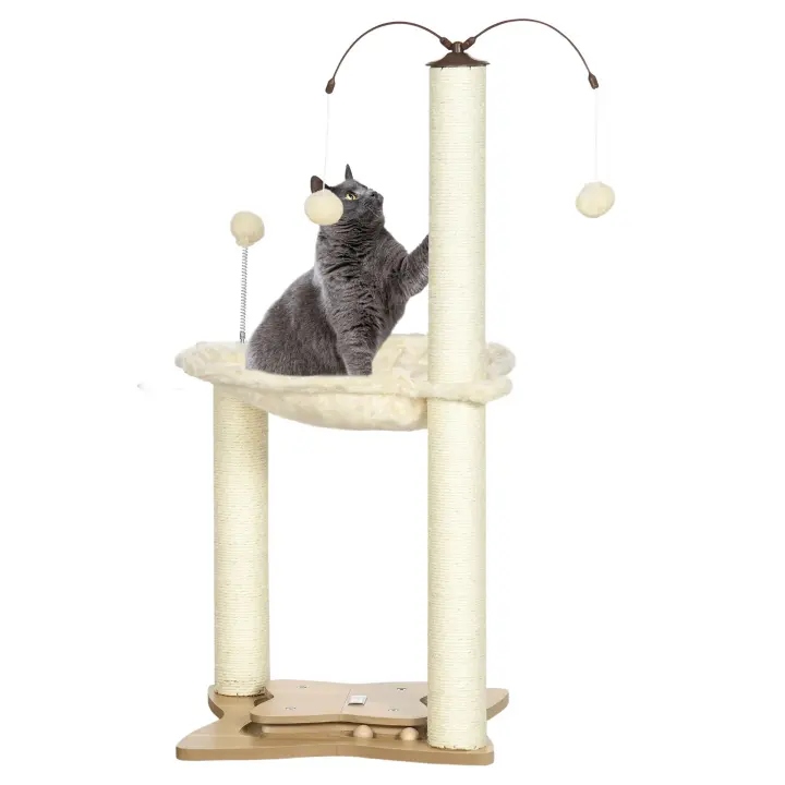 PawHut Árbol Rascador para Gatos con Hamaca Postes de Sisal Altura 90 cm Torre para Gatos con Bolas Colgantes Giratorias Bola Divertida y Múltiples Juegos 53,5x53,5x90 cm Beige - 1