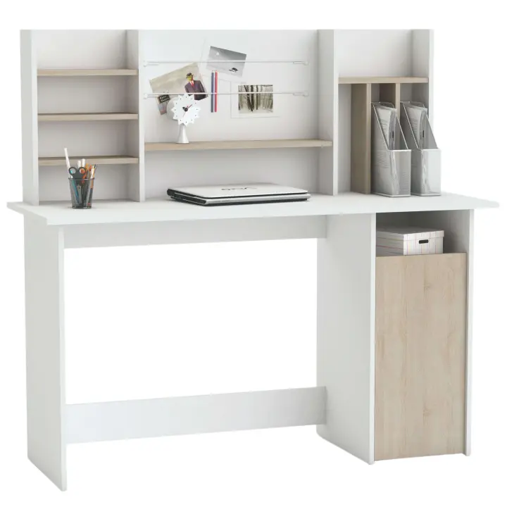 Mesa de Ordenador Escritorio con altillo 135cm. Blanco y Roble. para habitación Juvenil, Estudio, despacho. - 1