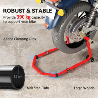 HOMCOM Caballete Moto Elevador Universal Carga 390 kg Soporte Rueda Delantera y Trasera Motocicleta Convertible con Adaptadores de Horquillas en U y L Ajustables y Ruedas para Reparación Mantenimiento - details 4