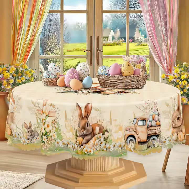 Mantel Redondo De Pascua Con Patrón De Conejo Y Huevo 5 Tamaños Disponibles Decoración De Jardín De Primavera Mantel Para Uso Diario En Cocina Terraza - 1